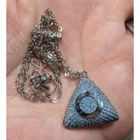 Blue And Silver Tone Pave Stone Triangle Pendant Necklace - Picture 7 of 8
